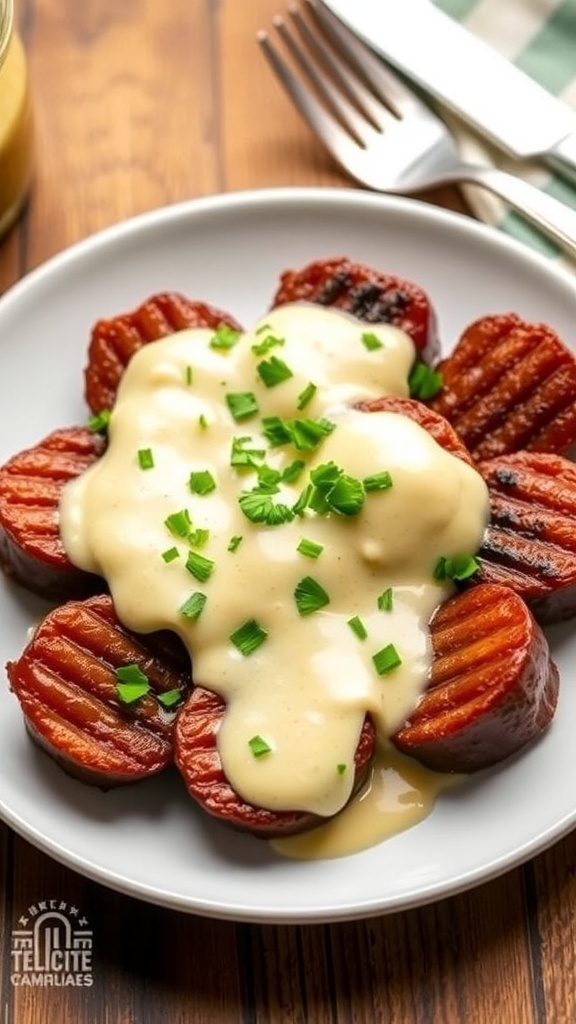 Garlic Butter Steak Bites with Parmesan Cream Sauce Recipe Tender garlic butter steak bites in creamy Parmesan sauce, garnished with parsley on a rustic table.